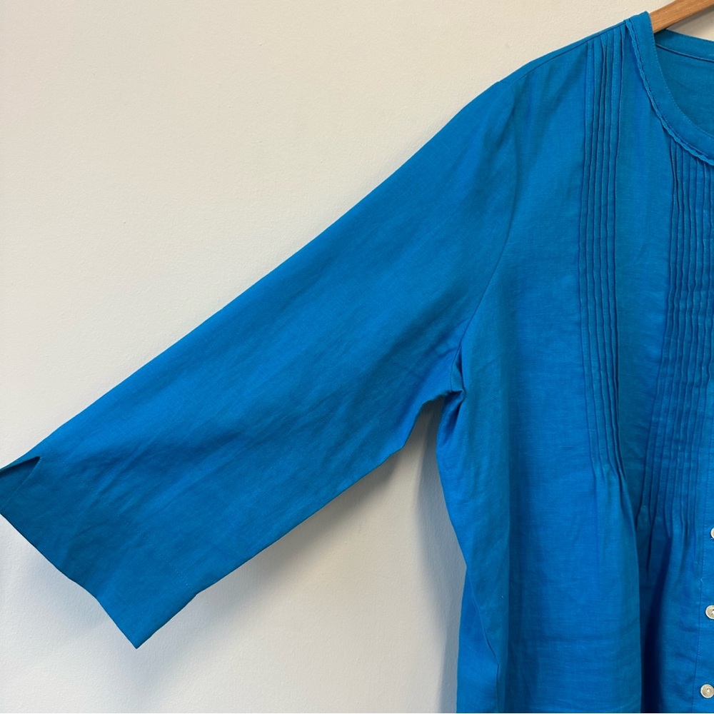 Rafaella 100% Linen Blue Pintuck Front  Button-Down Women's Shirt - Picture 2 of 8